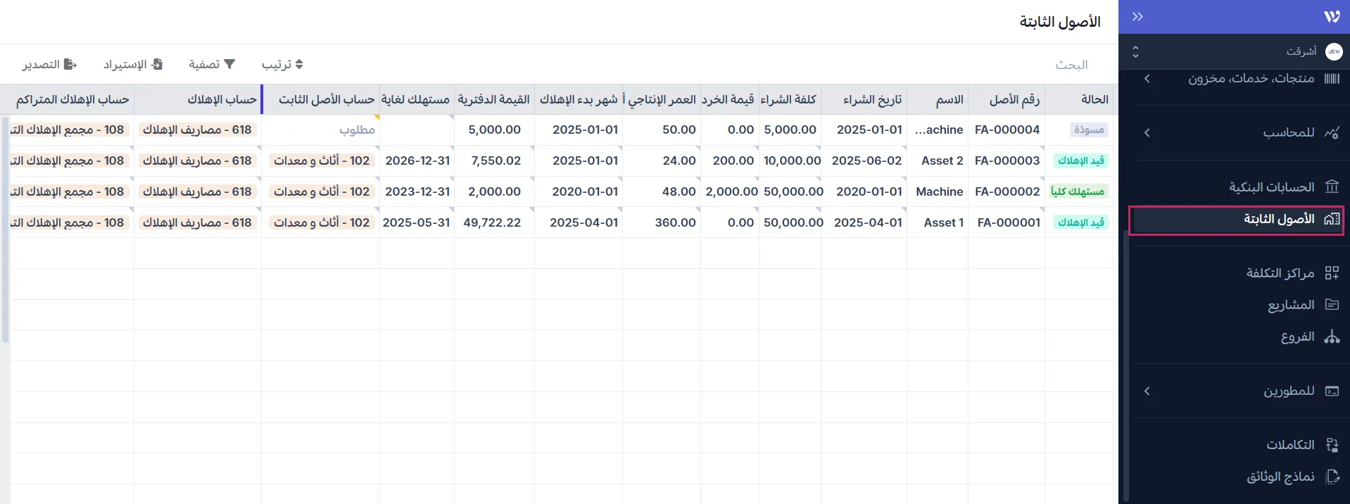  قائمة الأصول الثابتة